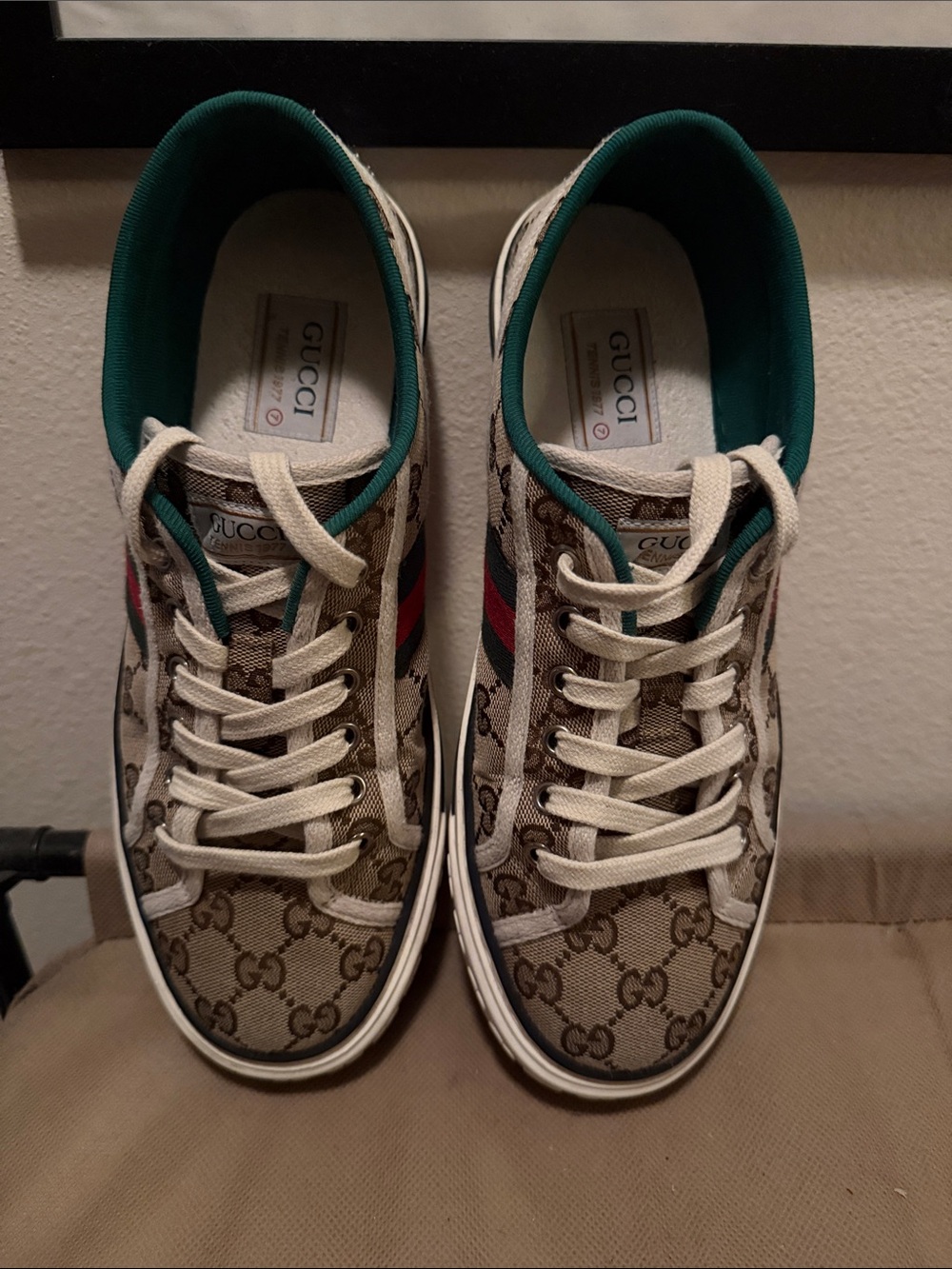 Gucci Beige GG Canvas Low-Top Sneakers with Green & Red Web